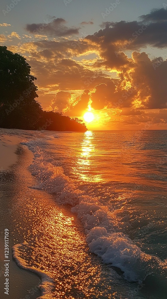 Poster as the sun descends on the horizon, golden rays dance on gentle waves, creating a mesmerizing displa
