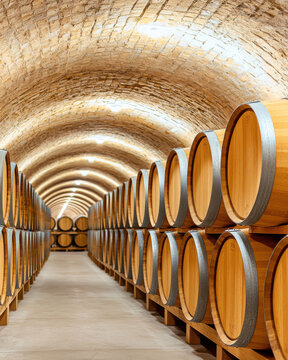 Rows of wooden wine barrels in beautifully lit underground cellar