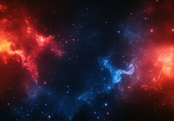 Naklejka premium Colorful Cosmic Nebula in Star Field with Fiery Red and Cool Blue Swirling Gases in Deep Space Background
