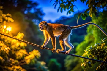 Obraz premium Monkey on Electric Cable in Bako National Park Malaysia