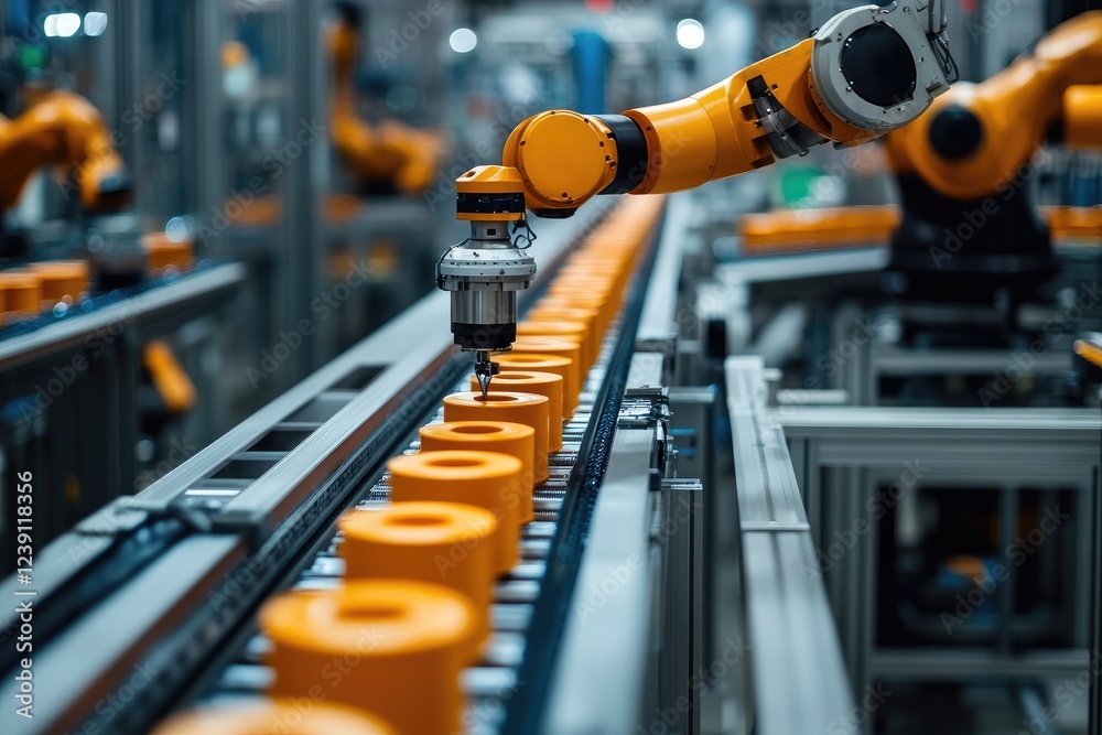 Aufkleber robotic arm working on conveyor belt in factory