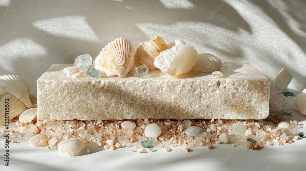 Poster a tranquil arrangement showcases various seashells and polished crystals delicately placed on a text