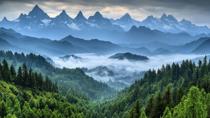 Fototapeta premium A stunning view of towering mountains and dense green forests shrouded in morning mist