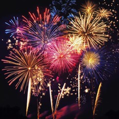 Obraz premium Colorful Fireworks Display Lighting Up Dark Night Sky with Starburst Patterns and Vibrant Colors Celebrating New Year's Eve or Independence Day Event