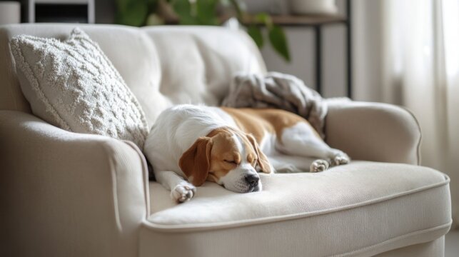 A dog rests comfortably on a soft couch in a sunny living room.