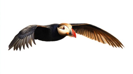 Fototapeta premium Atlantic puffin in flight, white background, wildlife photography, nature poster