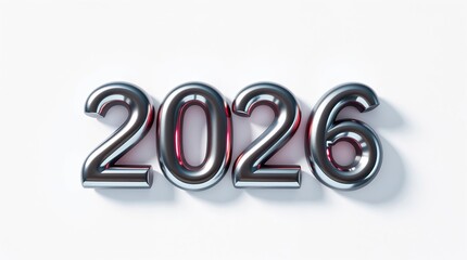 Futuristic 2026 metallic typography with glossy 3D design isolated on white background..