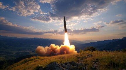 Launch of a Rocket Against a Scenic Mountain Landscape at Dusk
