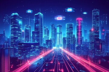 Fototapeta premium Futuristic Cityscape with Neon Lights and Data Streams