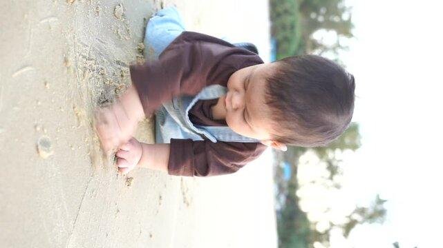 baby raking sand on the beach