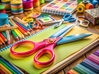 Rainbow of Creativity: A close-up image of colorful scissors on a notebook, surrounded by a vibrant collection of art supplies.