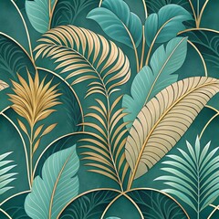 Elegant Tropical Foliage Illustration with Art Deco Arch Elements in Lush Teal