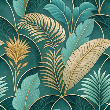 Elegant Tropical Foliage Illustration with Art Deco Arch Elements in Lush Teal