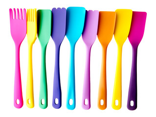 Vibrant and colorful collection of cooking utensils and silicone kitchen tools set with bright colors, isolated on transparent background, PNG, cut out
