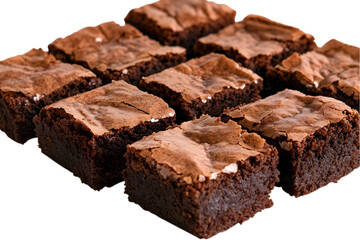 A freshly baked tray of brownies, cut into squares, with a fudgy interior visible. Transparent background


