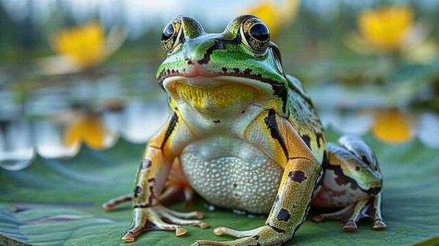 a frog on a lotus leaf in a swamp footage