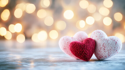 Obraz premium Romantic background for Valentine's Day filled with soft hearts and glowing bokeh lights