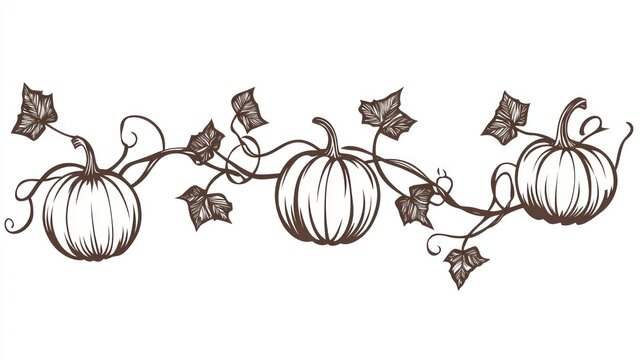 Autumn pumpkin vine border design, fall harvest, white background, seasonal decor