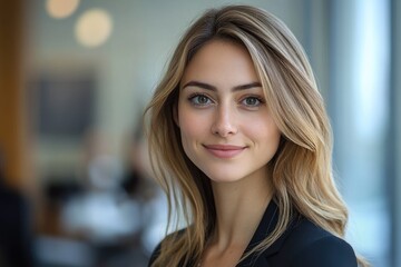 Fototapeta premium Confident young businesswoman smiling in modern office environment