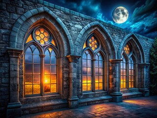 Fototapeta premium Mysterious Night: Old Arched Windows in the City - Stock Photo