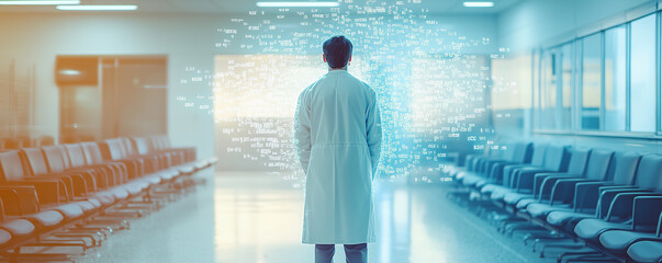 Cinematic view of a doctor in a white coat standing in a hospital corridor with data visualization effects