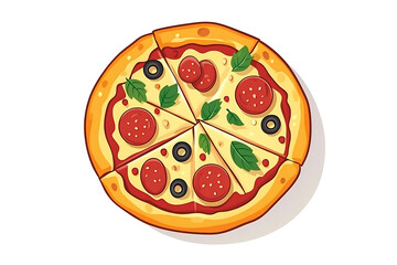 a flat vector illustration of a delicious pizza, bird&rsquo;s eye view, topped with melted cheese, pepperoni, olives, and fresh basil, modern design,
