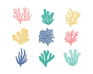 Different types of colorful corals and algae elements set. Underwater plants and animals icon set. Seaweeds and other ocean floor or aquarium life motifs.