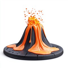 Volcano erupting with lava flow, isolated on white background