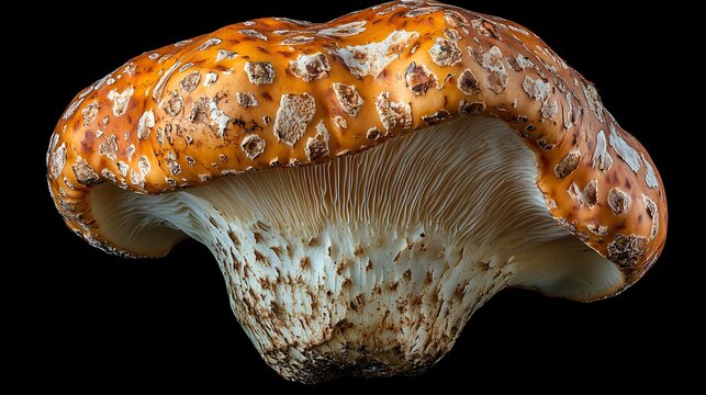 Speckled Fungi Close Up Detailed View of Gills and Cap in Studio Environment Against Dark Background.