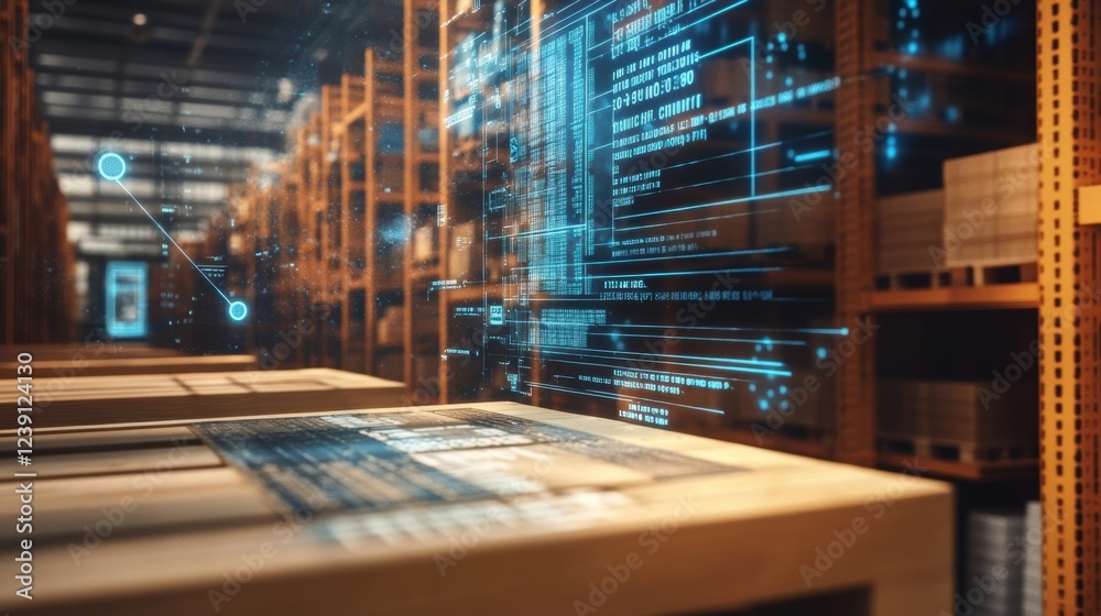 Poster futuristic warehouse management system using augmented reality and data analysis optimizing logistic