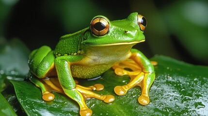 A vibrant green frog with striking yellow eyes perches on a leaf, showcasing its colorful skin and tropical habitat.