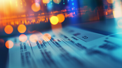 Close-up view of a hospital receipt revealing medical details in a blurred setting with colorful lights and abstract design elements