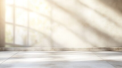 Bright sunlight filters through a window, creating soft shadows on a clean, empty floor