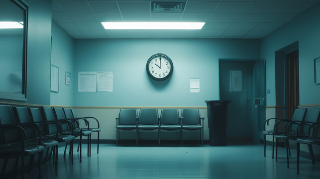 Dimly lit hospital waiting room with clock on the wall shows passing time in a quiet, subdued environment