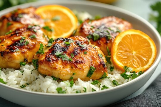Delicious glazed chicken with orange slices and rice garnished with parsley - Powered by Adobe