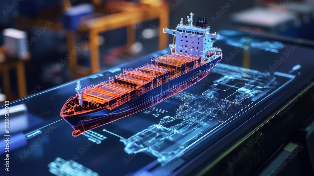 Poster hologram of cargo container ship being projected over interactive screen showing blueprint and schem