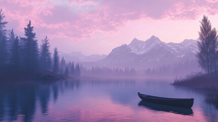 Calm mountain lake at sunrise with misty mountains and tree reflections in water