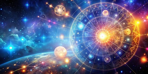 Obraz premium Mystic Astrology Zodiac Signs Background: Cosmic Stars, Celestial Constellations, Horoscope Chart