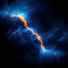 A dramatic depiction of lightning striking through dark clouds, showcasing vibrant blue and orange hues against a stormy backdrop.