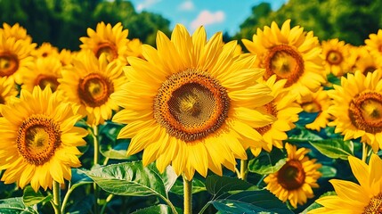 Obraz premium Sunflowers blooming in field, day, for summer background, farming or natural theme