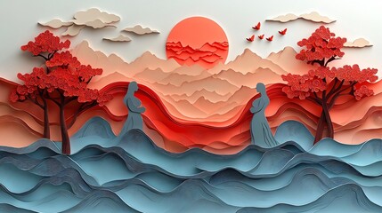 Two Figures Amidst Paper Art Landscape Under Red Sun with Abstract Waves and Clouds Scenery.