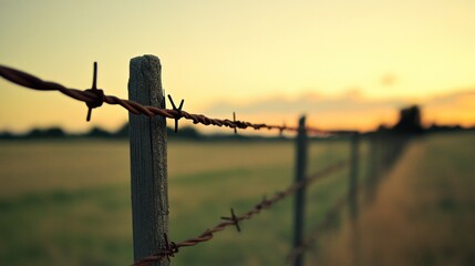 Fototapeta premium A barbed wire fence winds through a grassy field under a warm sunset sky, inviting a sense of calm