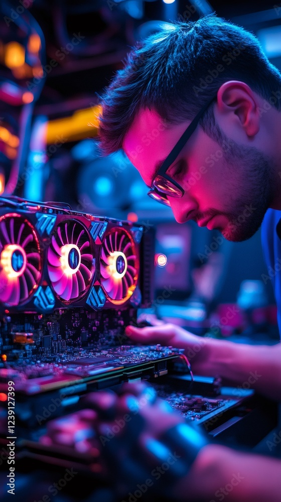 Poster Computer technician installing graphic card in modern desktop pc in neon light