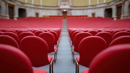 Fototapeta premium Government Implementation of New Policies in Legislative Hall with Modern Red Seating Arrangement