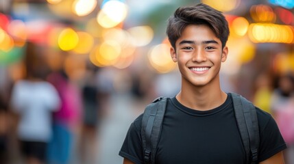 Fototapeta premium A cheerful young man stands in a vibrant market, surrounded by glowing lights and evening shoppers