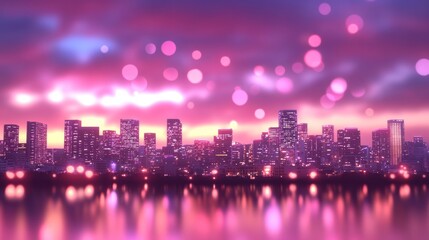 Obraz premium City skyline glows with colorful lights at dusk, reflecting beautifully on the tranquil water below