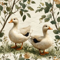 Obraz premium Whimsical Watercolor Duck Seamless Pattern with Pastel Colors and Delicate Leaves