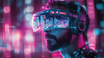 In a neon-lit urban setting, a cyberpunk man with a beard wears AR glasses and headphones, immersed in a digital world filled with bright city lights and virtual data overlays