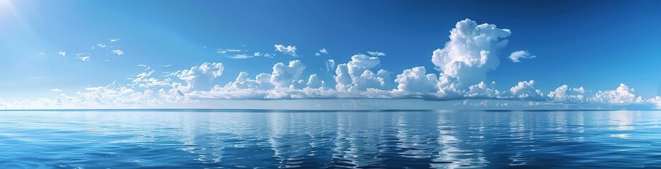 Obraz premium Endless Horizon of Calm Ocean Waters and White Fluffy Clouds Reflecting Above