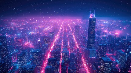 Obraz premium A Nighttime Cityscape Showing Vibrant Lights and Snow